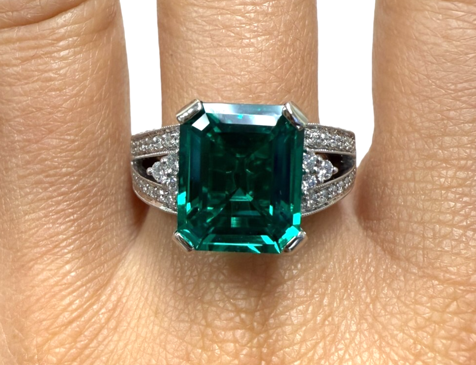18kt White Gold Synthetic 5.11ct Emerald & 0.63ctw Diamond Ring Sz 8.5