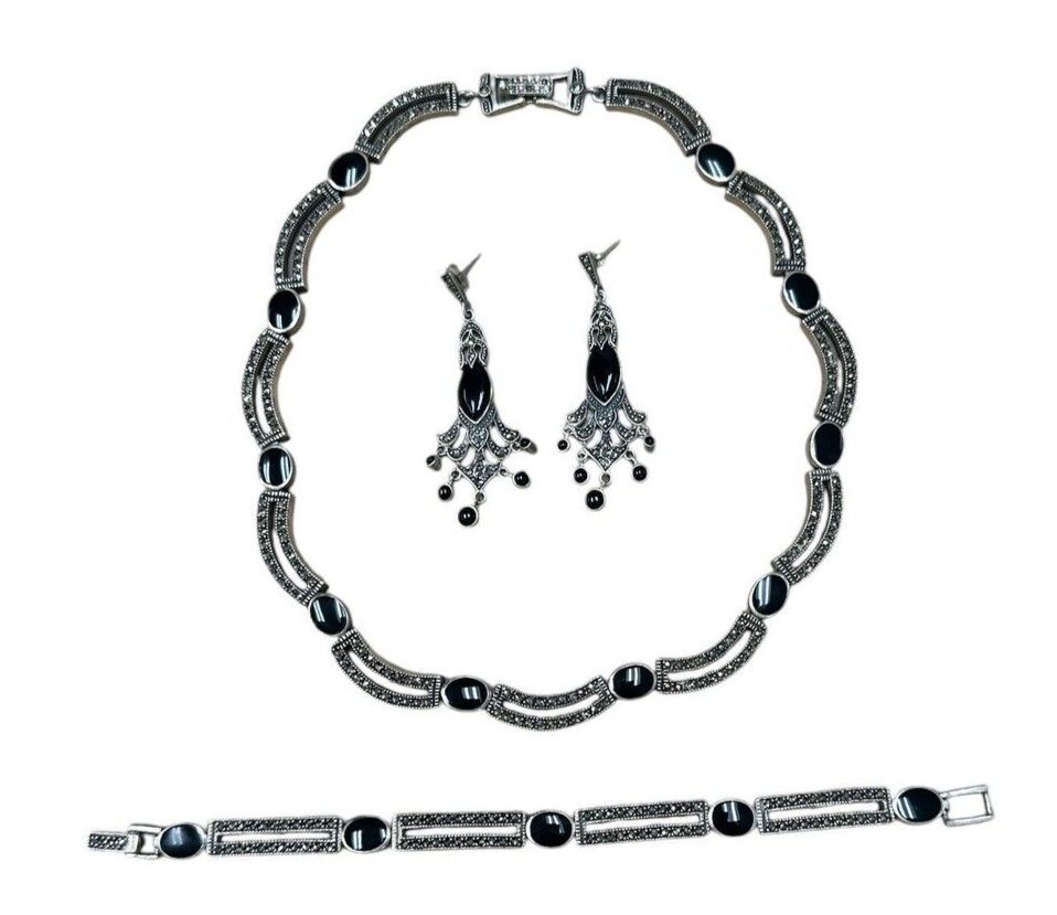 Onyx Marcasite Necklace Bracelet And Earring Set
