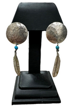 Sterling Silver Hammered Circle Turquoise Feather Earrings