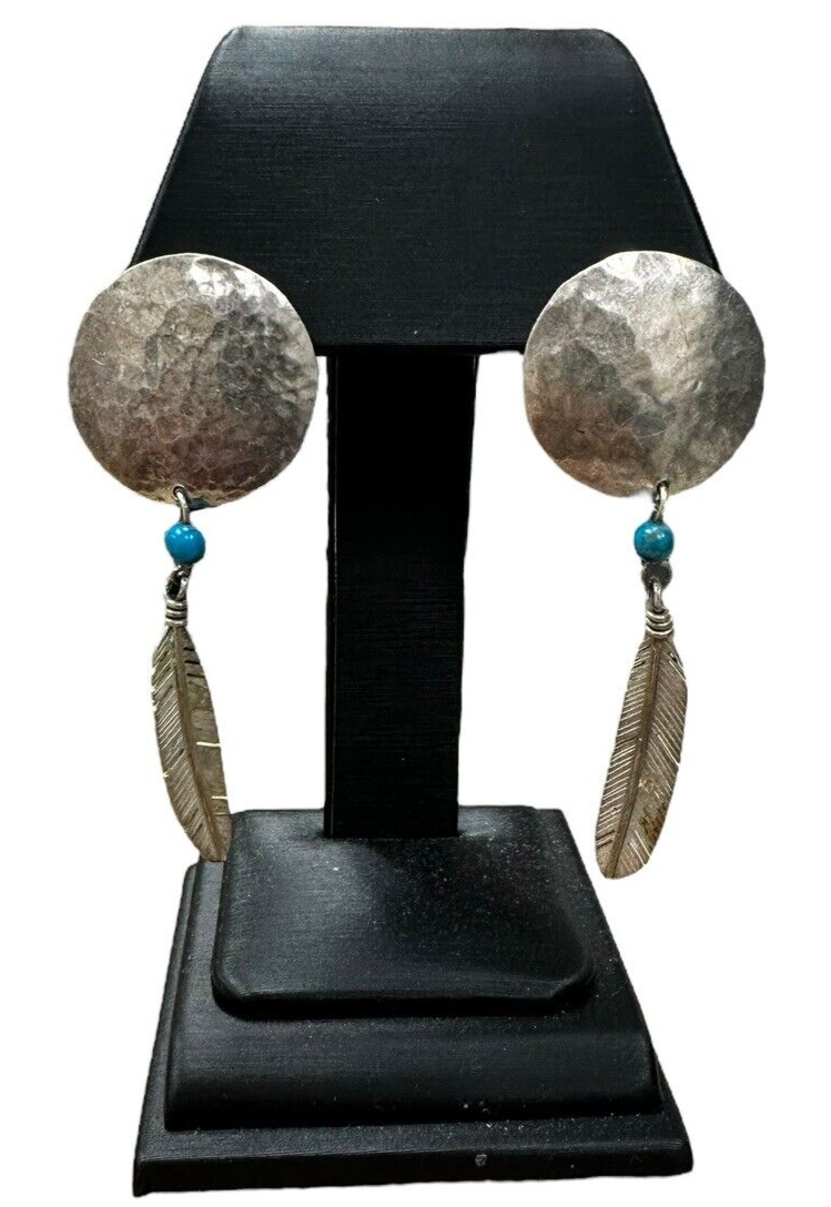 Sterling Silver Hammered Circle Turquoise Feather Earrings