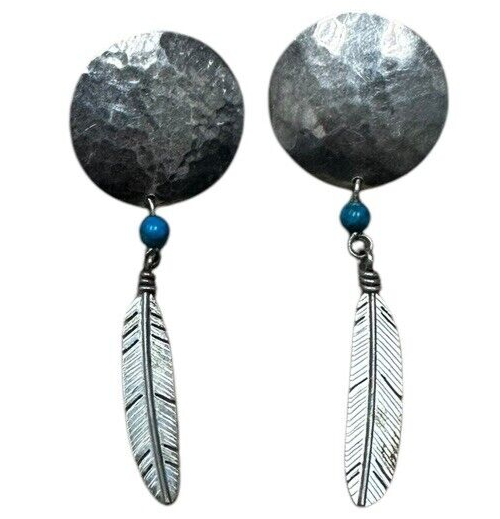 Sterling Silver Hammered Circle Turquoise Feather Earrings