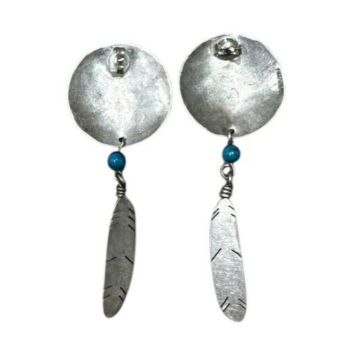 Sterling Silver Hammered Circle Turquoise Feather Earrings