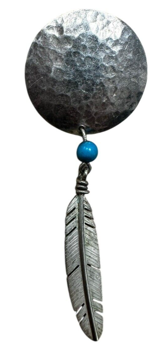 Sterling Silver Hammered Circle Turquoise Feather Earrings