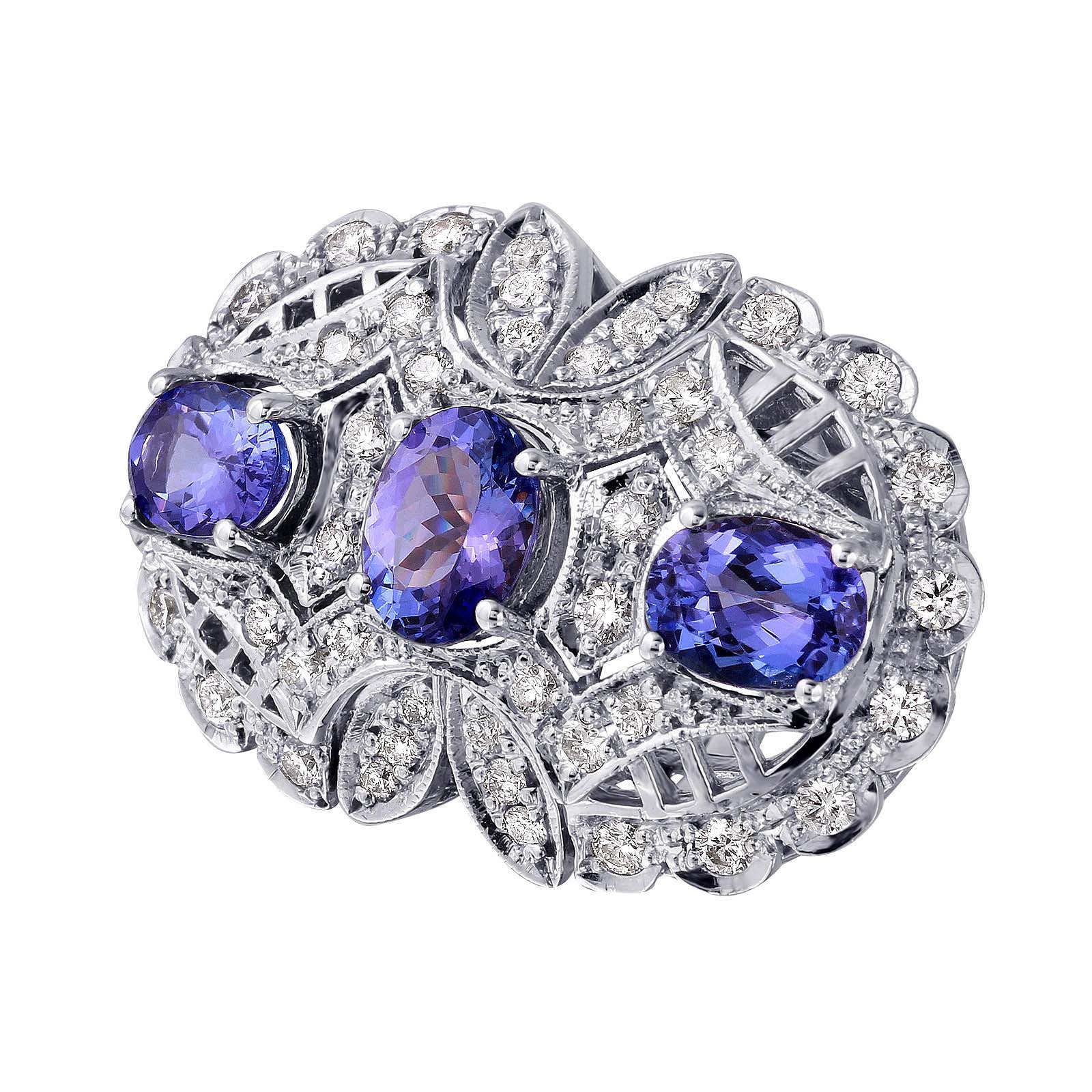 14KT White Gold 6.43ctw Tanzanite Diamond Cocktail Ring Size 6.75