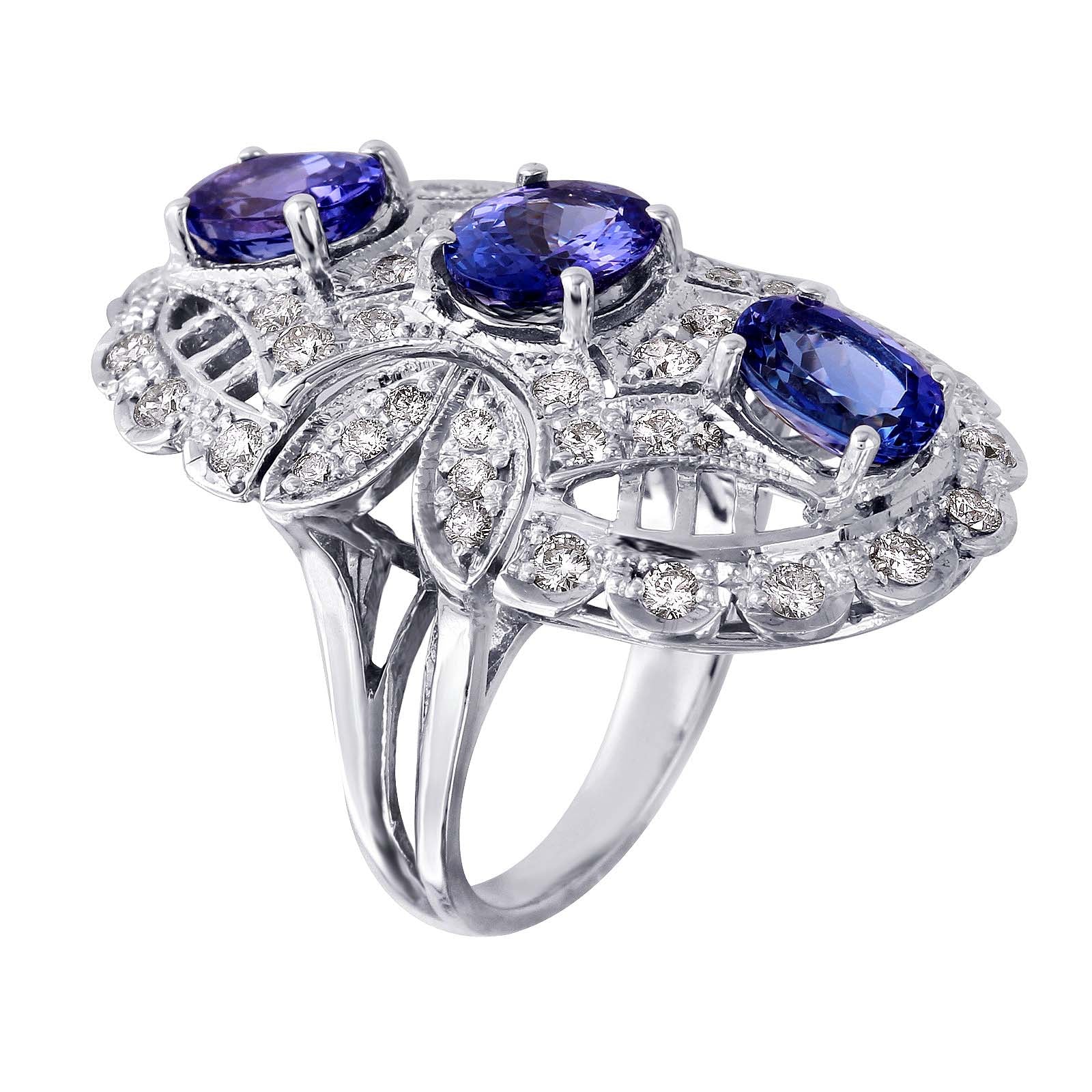 14KT White Gold 6.43ctw Tanzanite Diamond Cocktail Ring Size 6.75